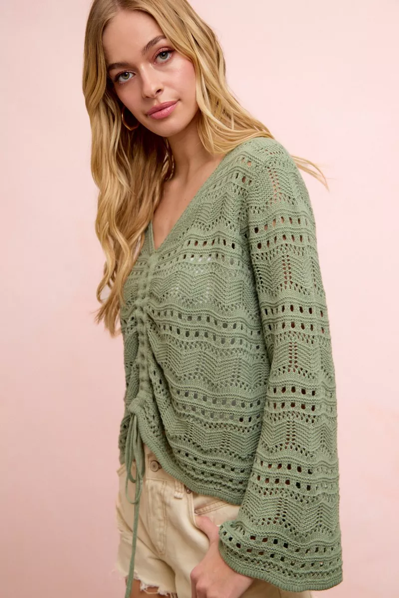 Pointelle Knit V Neck Ruched Front Lightweight Top, image 10