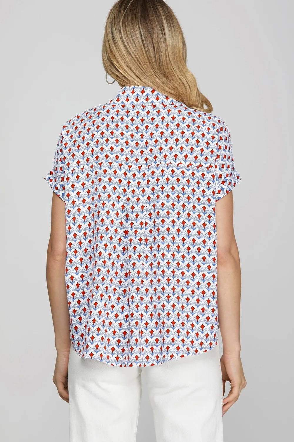Full Size Printed Johnny Collar Short Sleeve Blouse Plus Size, image 2