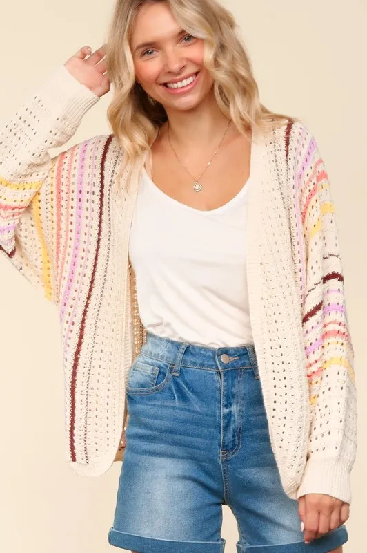 Full Size Striped Crochet Open Front Cardigan, image 6