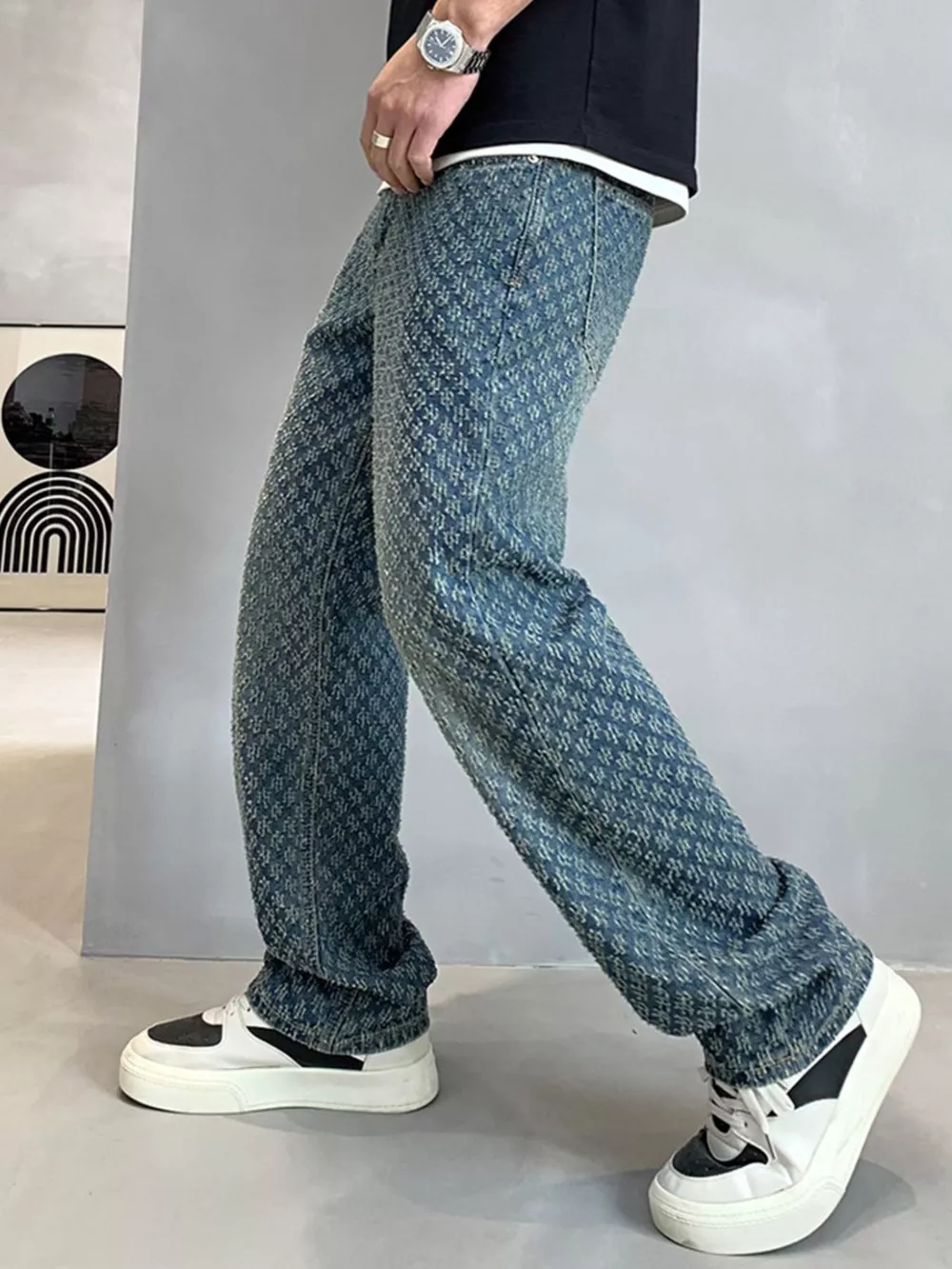 Men's Textured Pattern Relaxed Fit Jeans, image 5