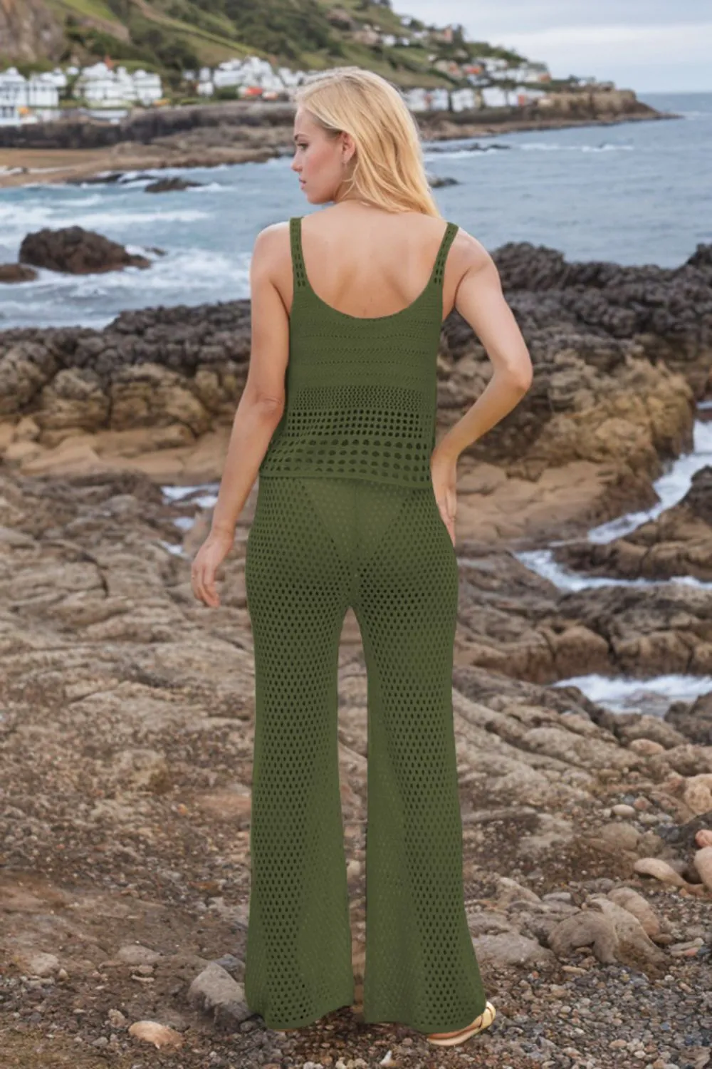 Hollow Out Round Neck Top and Pants Sweater Cover Up Set, image 6