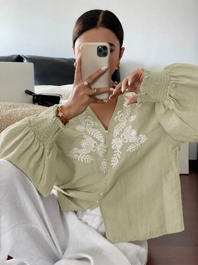 Embroidered Notched Long Sleeve Blouse, image 32