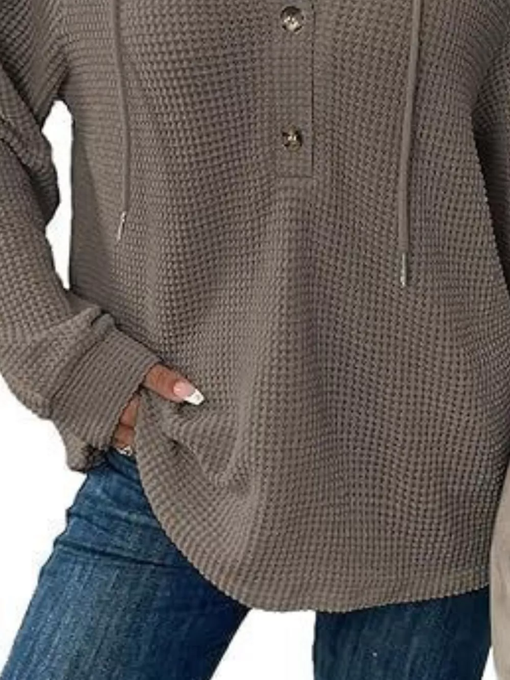 Full Size Button Detail Waffle Knit Hoodie Plus Size, image 23