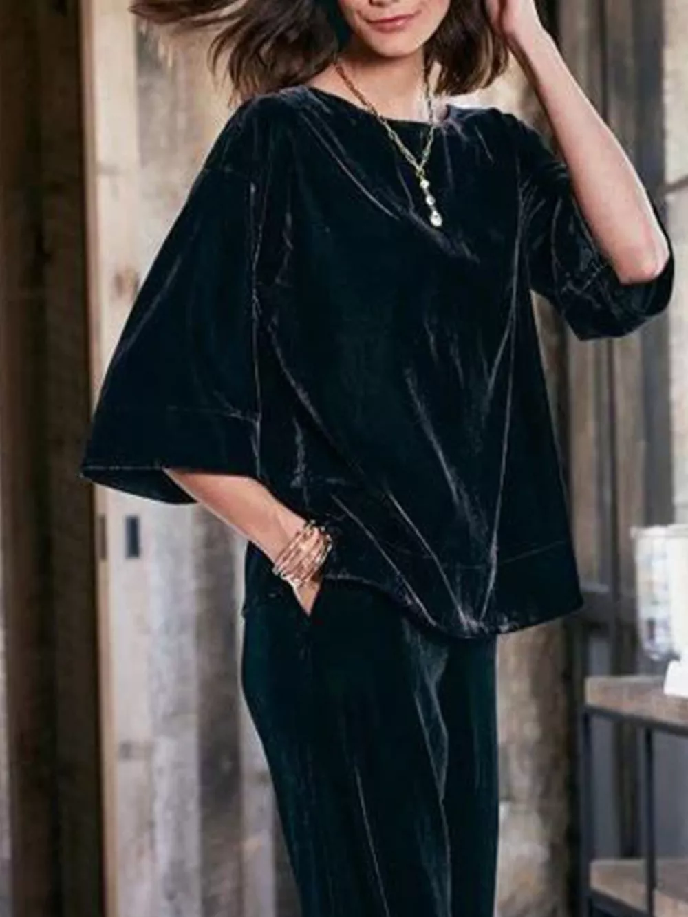 Velvet Boat-Neck T-Shirt with Three-Quarter Sleeves, image 7