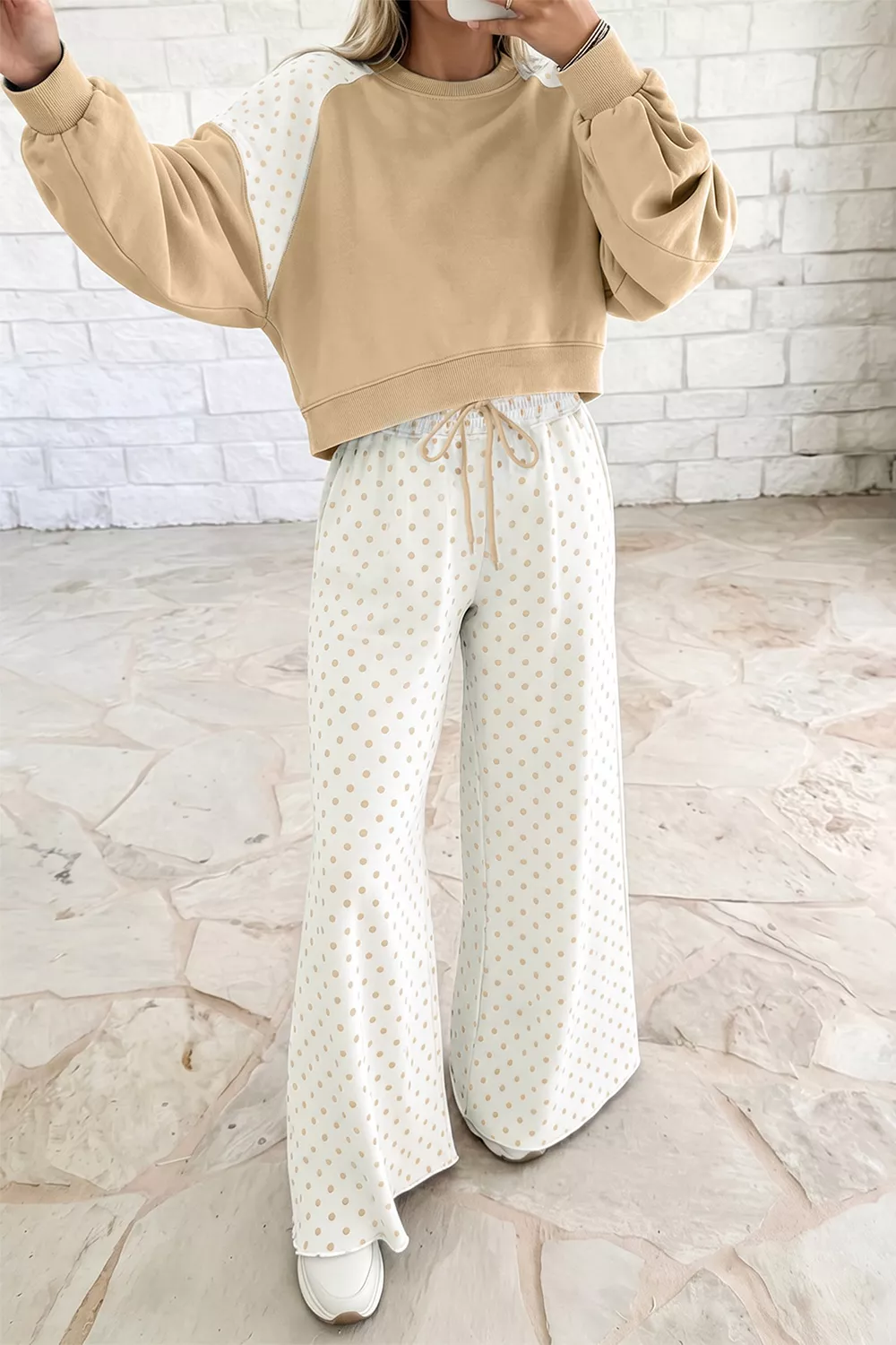 Polka Dot Patchwork Colorblock Long Sleeve Casual Two Piece Pants Set, image 3