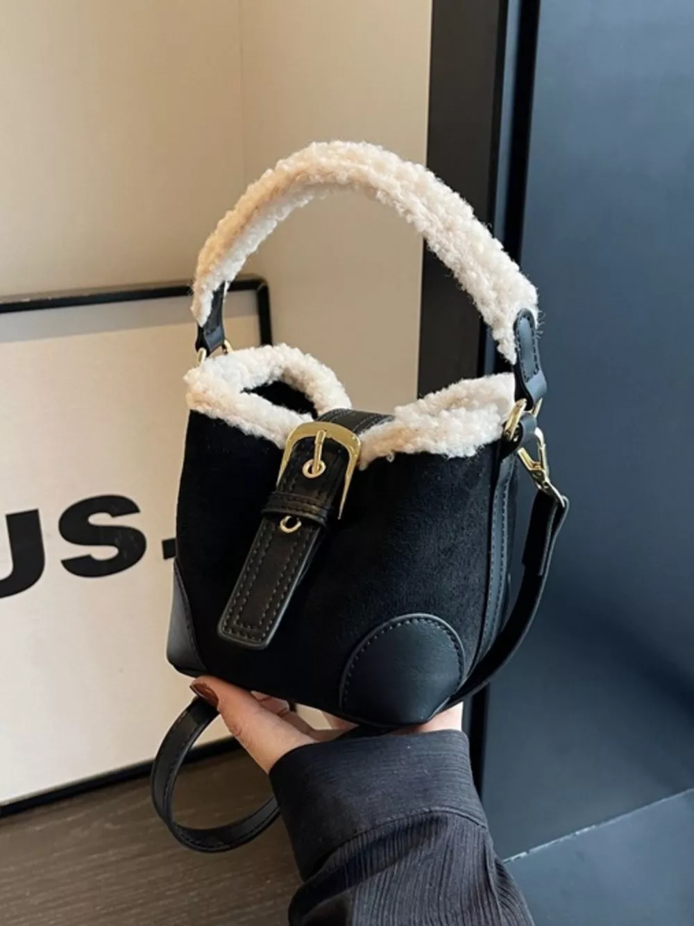 Fuzzy Trim Bucket Crossbody Bag