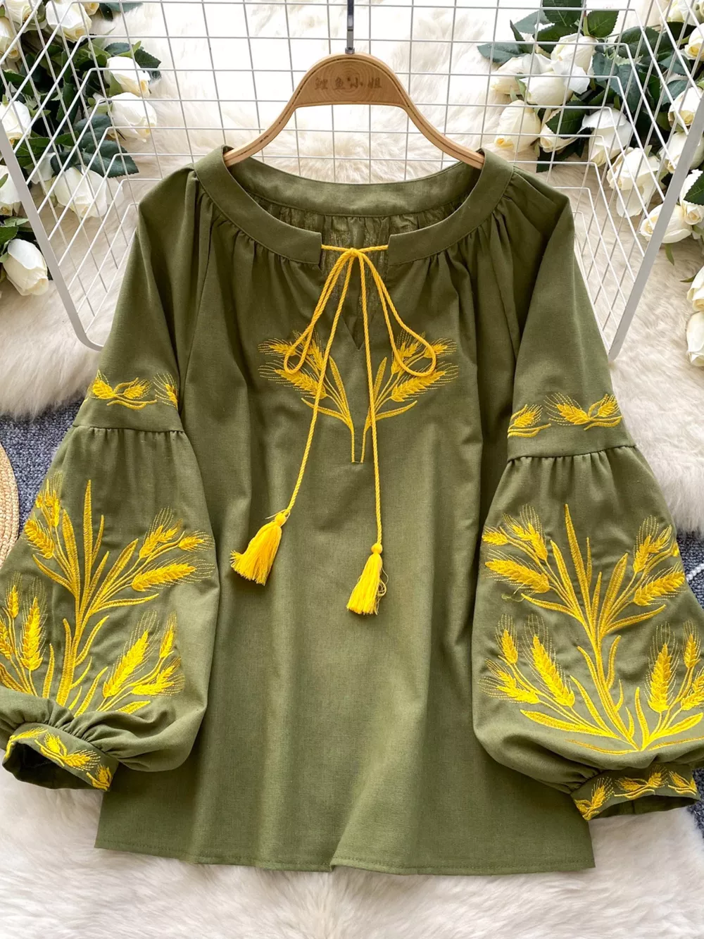 Embroidered Wheat Pattern Tie Neck Blouse, image 14