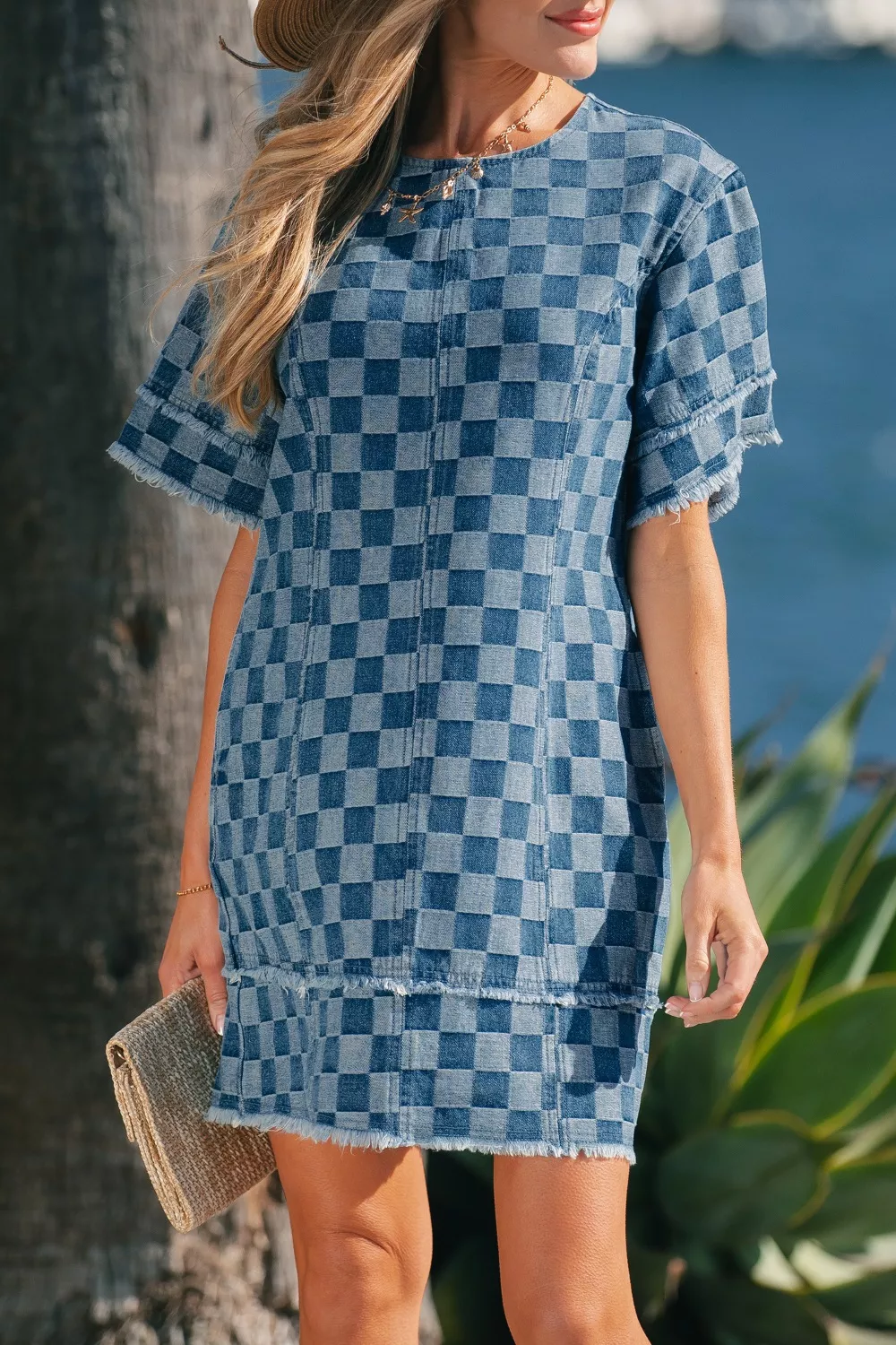 Frayed Hem Checkered Denim Mini Dress, image 3