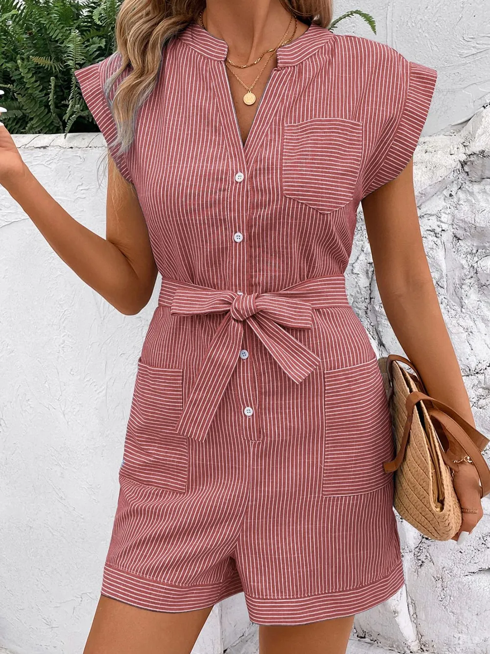 Striped Notched Tie Waist Romper, image 18
