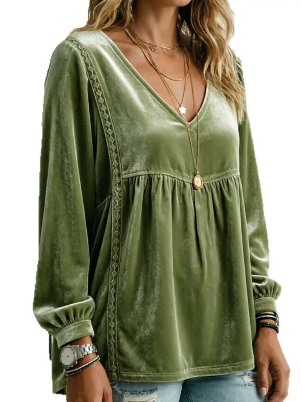 Full Size V-Neck Long Sleeve Velvet Blouse with Lace Trim Plus Size, image 11