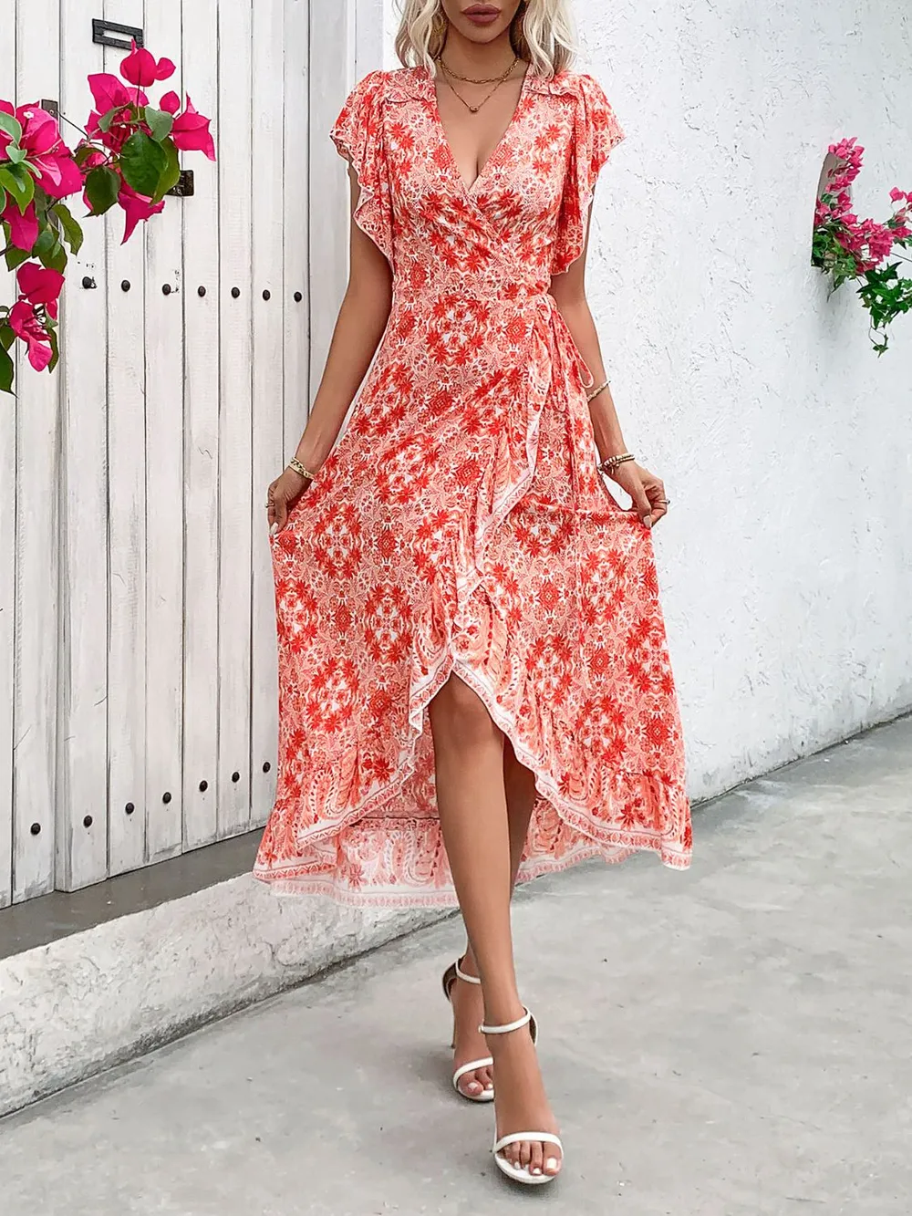 Ruffled High-Low Printed Short Sleeve Midi Dress, image 5