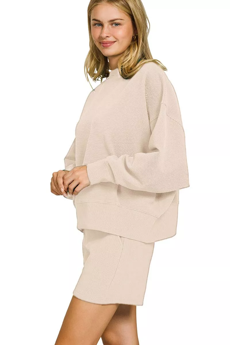 Ribbed Round Neck Pullover and Shorts Set, image 2