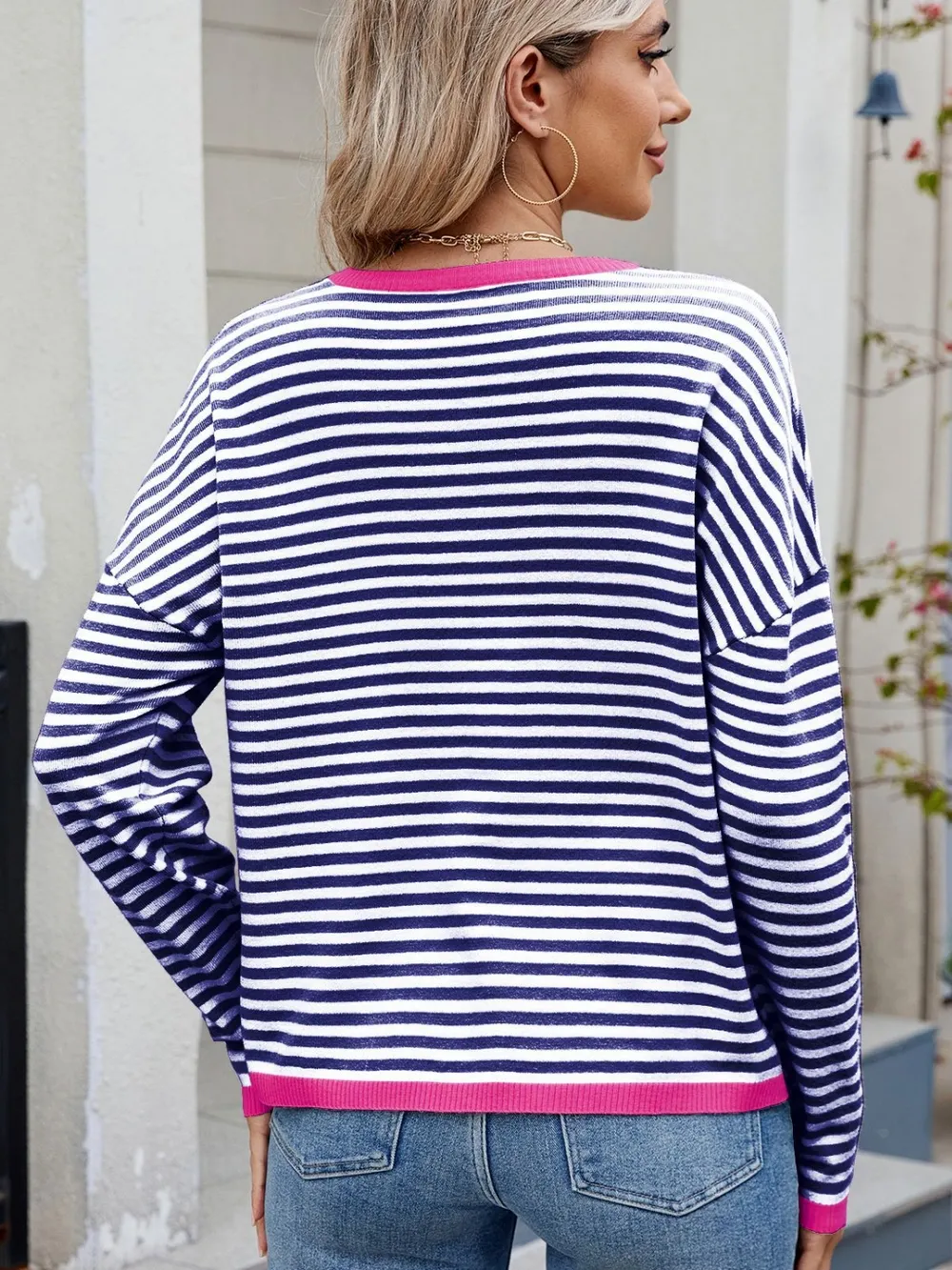 Striped Contrast Round Neck Long Sleeve Sweater, image 22