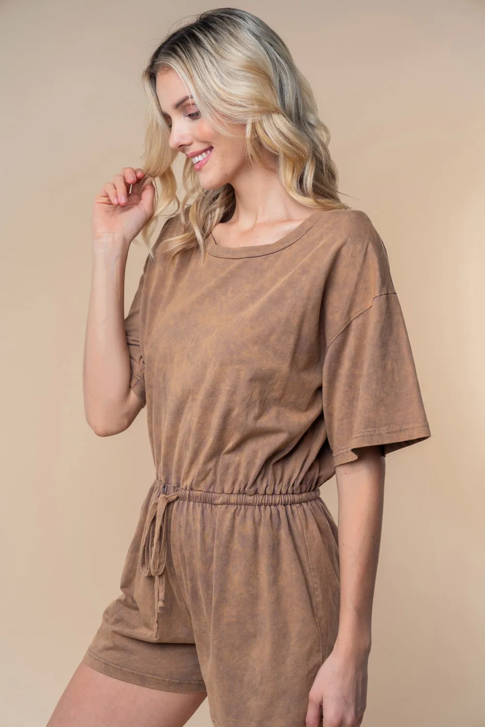 Full Size Short Sleeve Drawstring Romper, image 4