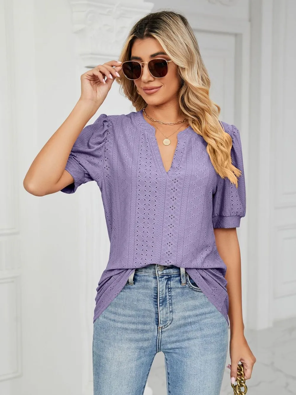 Eyelet Notched Short Sleeve T-Shirt, image 20