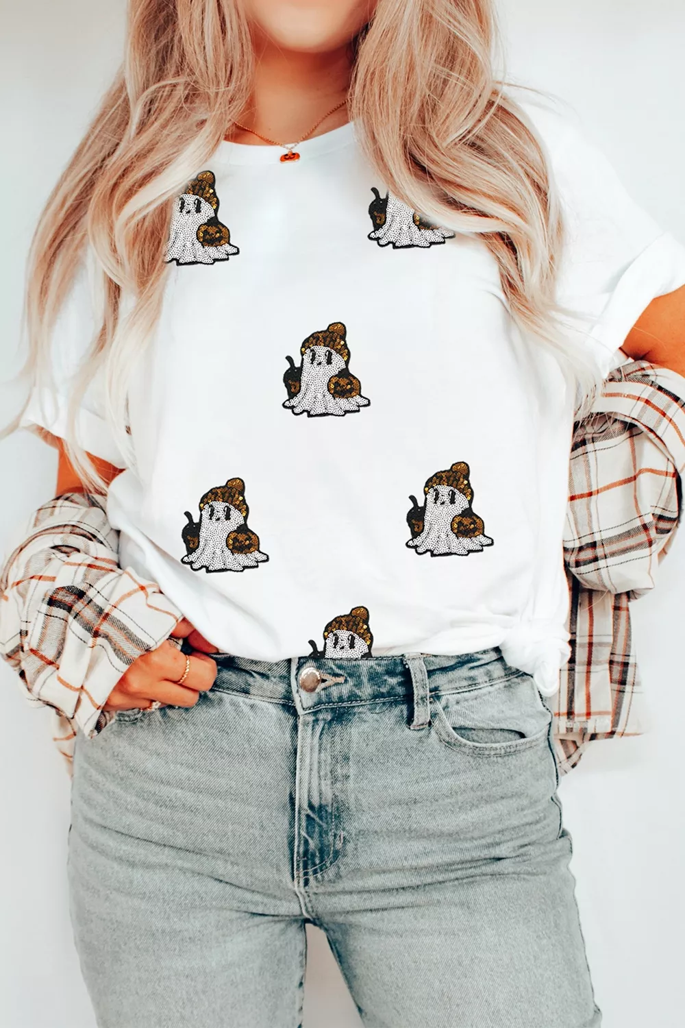 Full Size Halloween Sequin Ghost Print Short Sleeve Casual T-Shirt Plus Size, image 7