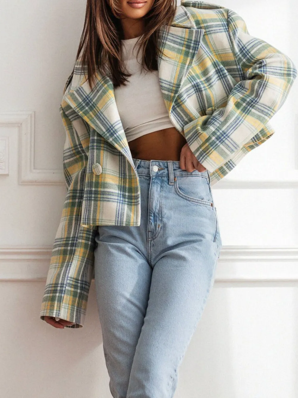 Lapel Collar Plaid Cropped Jacket, image 3