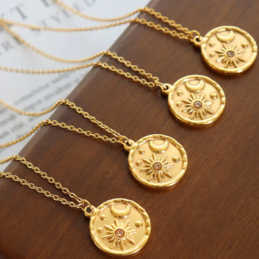 Zircon Titanium Steel Coin Shape Necklace, image 3