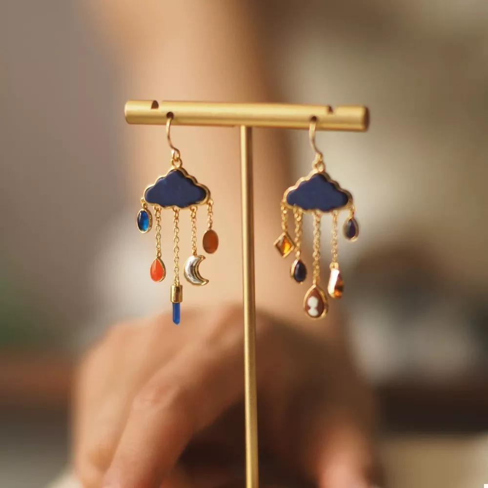 Cloud Dangle Earrings with Colorful Charms, image 3
