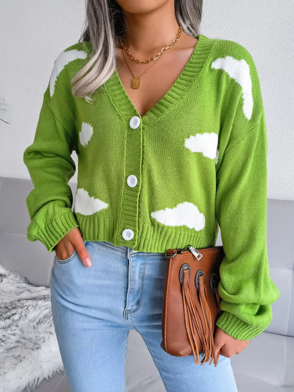 Cloud Pattern Button-Up Cropped Cardigan, image 2