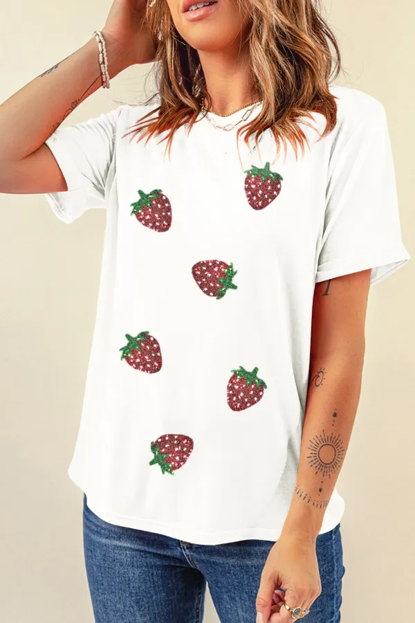 Sequin Strawberry Crew Neck Short Sleeve T Shirt, image 6