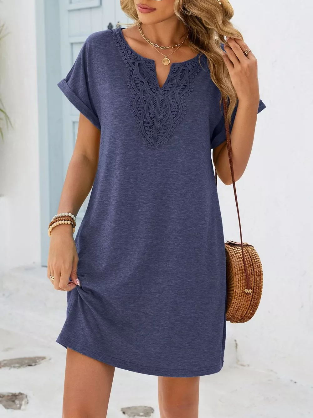 Lace Trim Notched Short Sleeve Dress, image 6