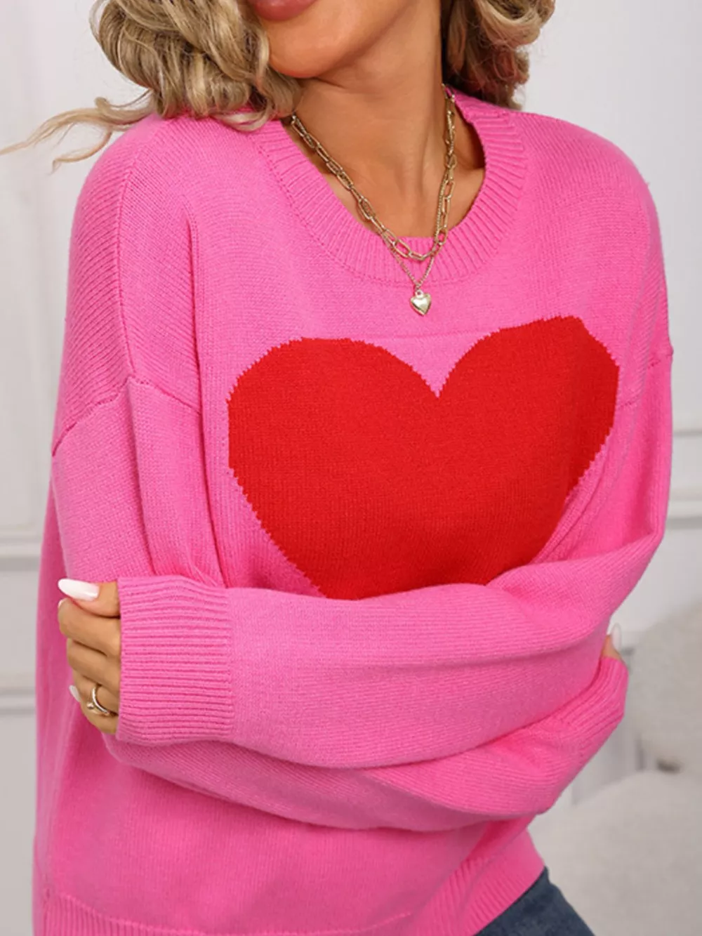 Valentine's Day Heart Round Neck Dropped Shoulder Sweater, image 18