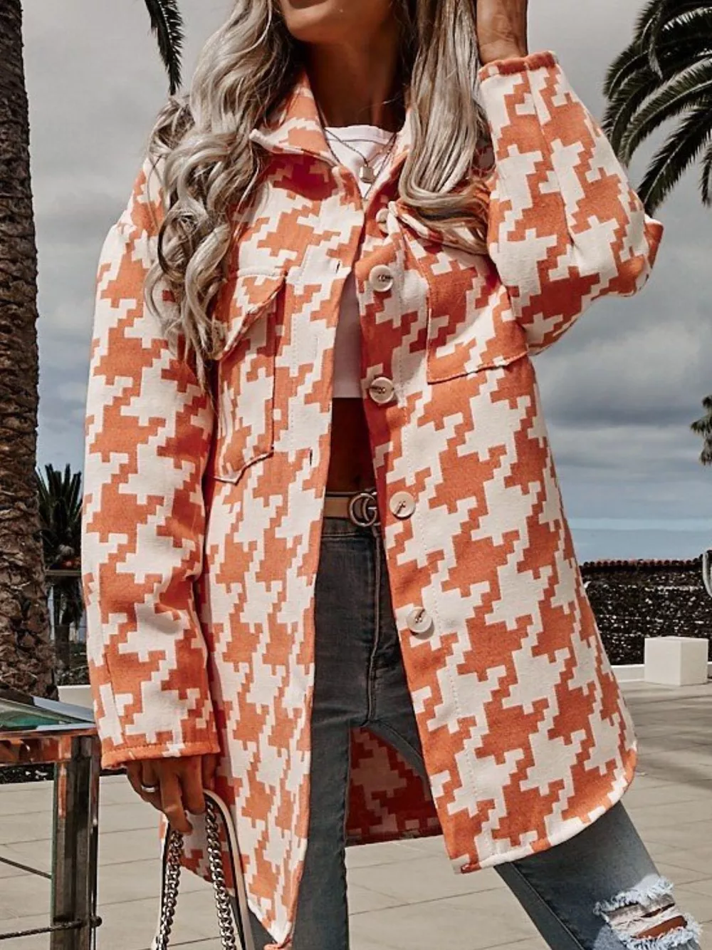 Houndstooth Button Up Long Sleeve Outerwear, image 13