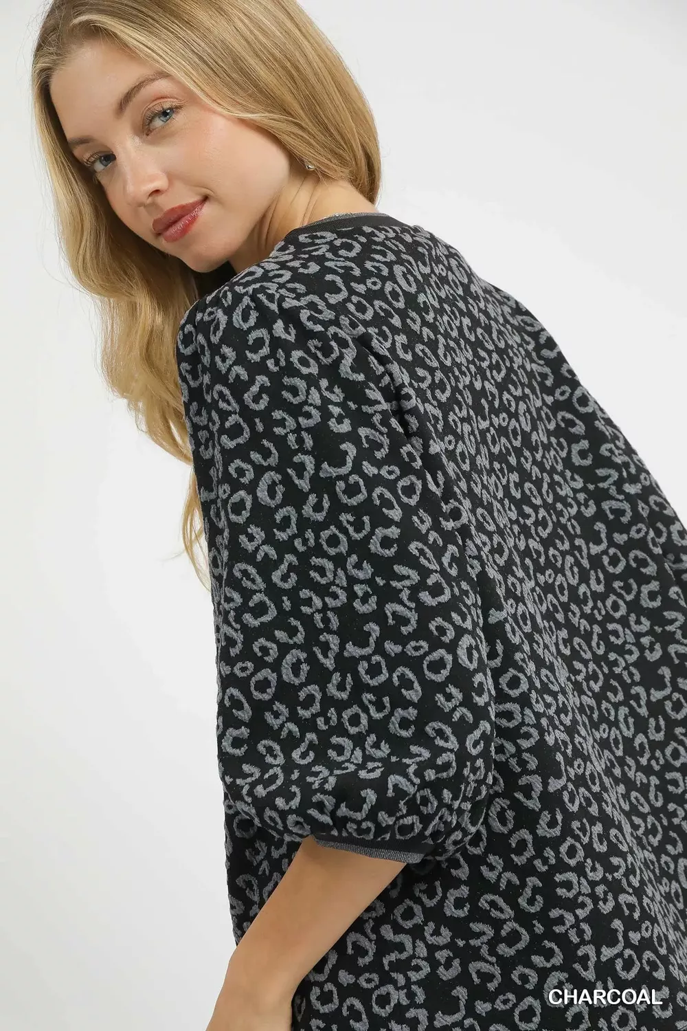 Leopard Print Jacquard Blouse with Puff Sleeves, image 5