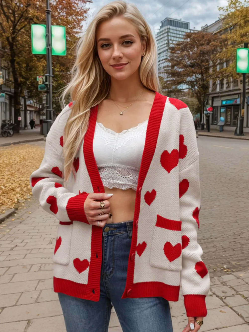 Heart Button Up Dropped Shoulder Long Sleeve Cardigan, image 6