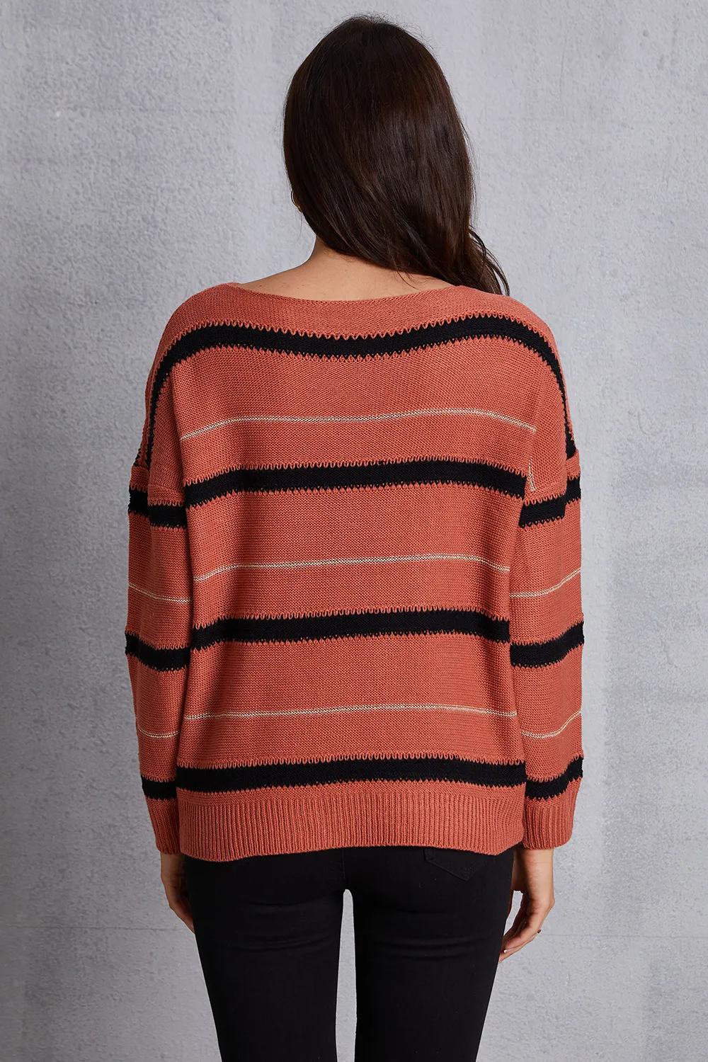 Striped Round Neck Dropped Shoulder Sweater, image 3