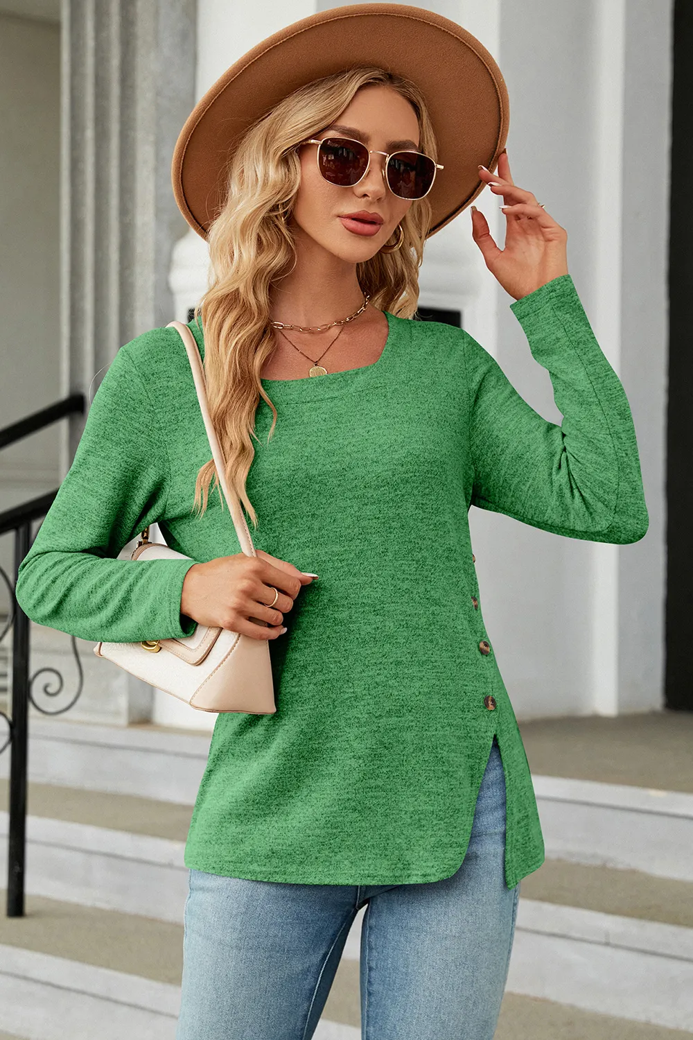 Slit Decorative Button Square Neck T-Shirt, image 13