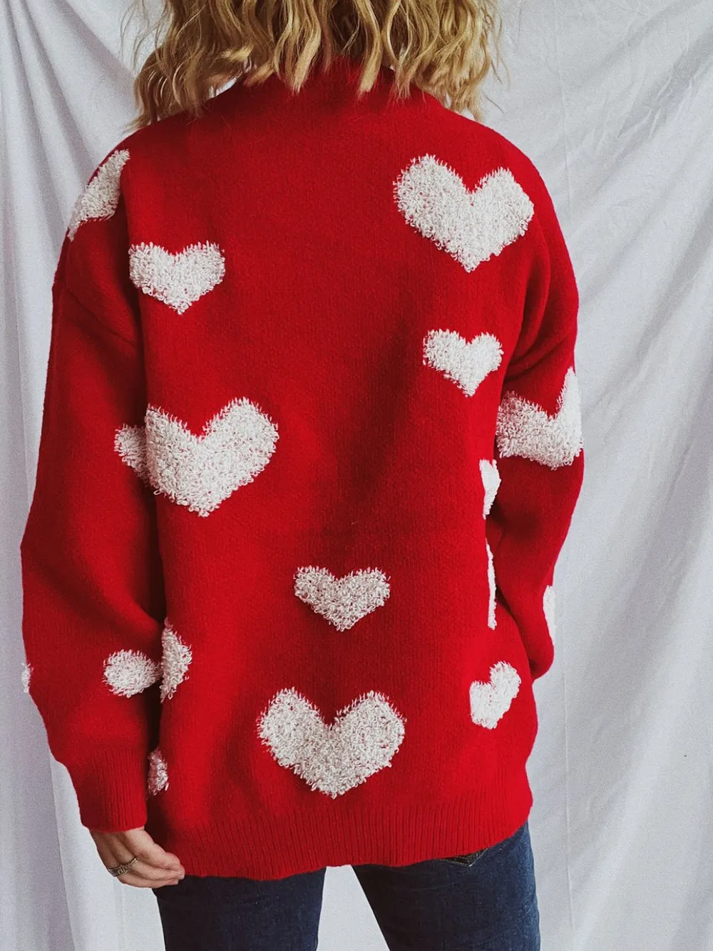 Heart Round Neck Dropped Shoulder Sweater, image 6