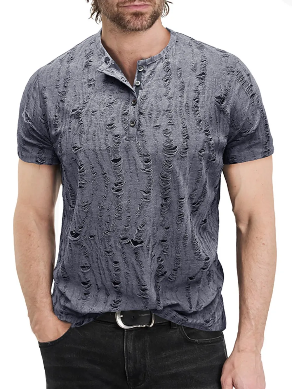 Men's Distressed Henley Short Sleeve Top, image 4