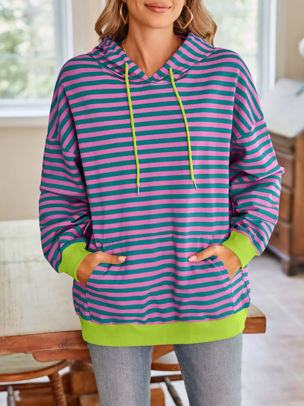 Drawstring Striped Long Sleeve Hoodie, image 10