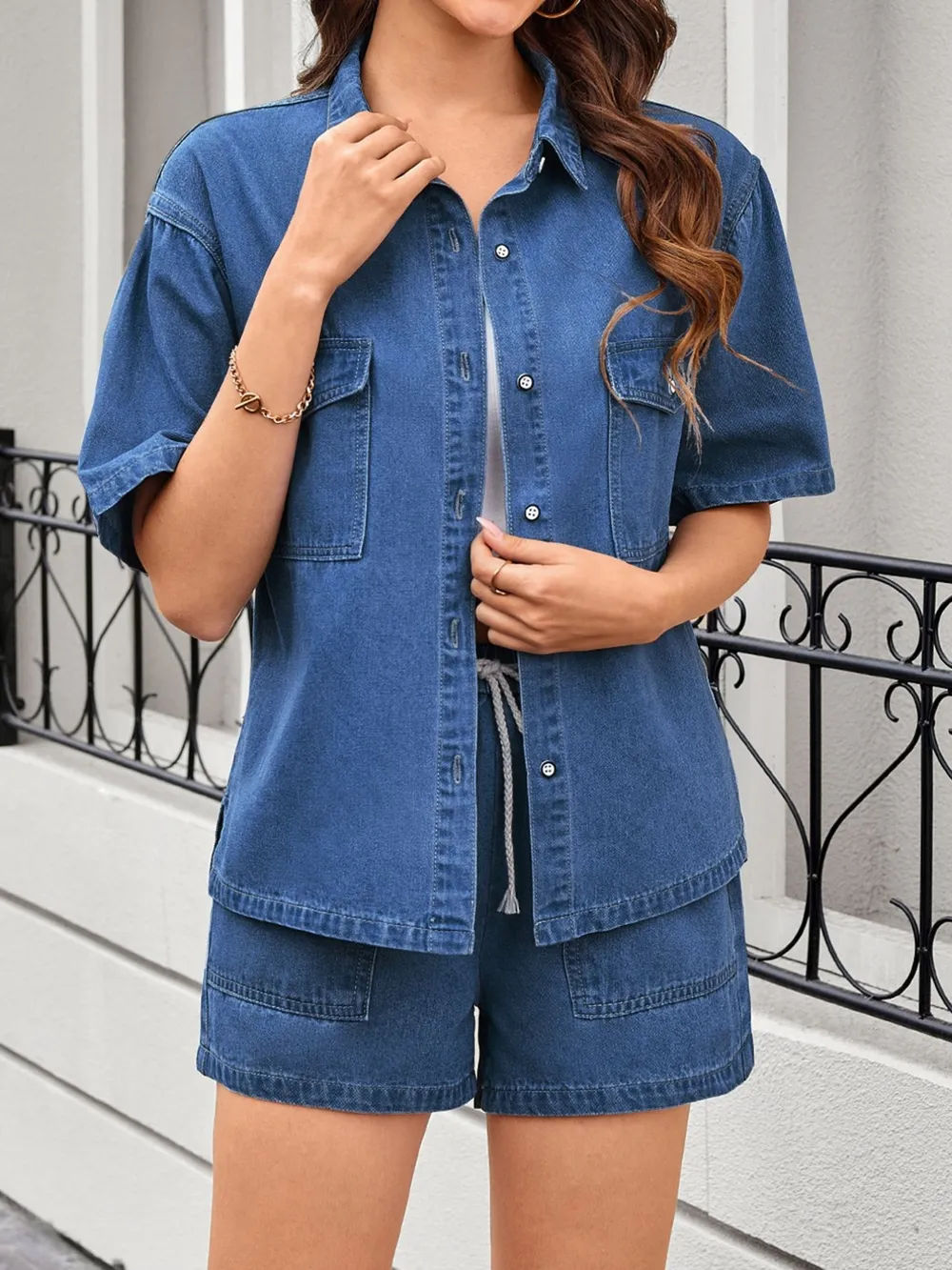 Casual Drop Shoulder Denim Shirt & Shorts Set, image 6