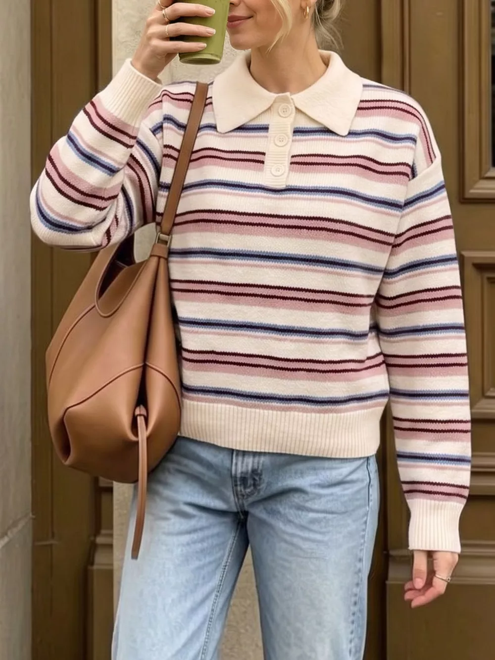 Striped Polo Collar Sweater, image 5