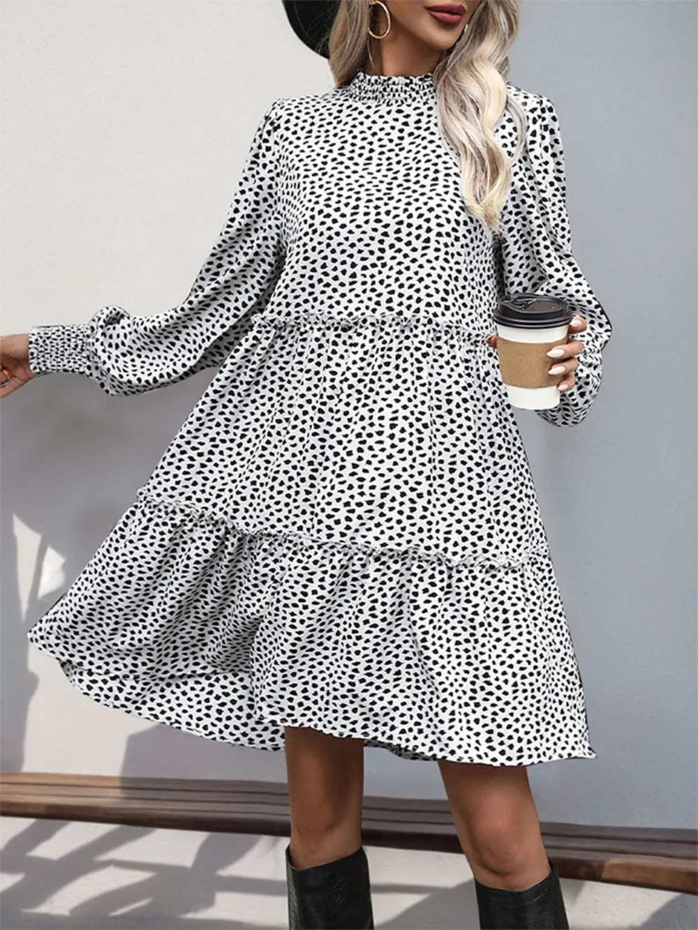 Frill Printed Mock Neck Long Sleeve Mini Dress, image 12