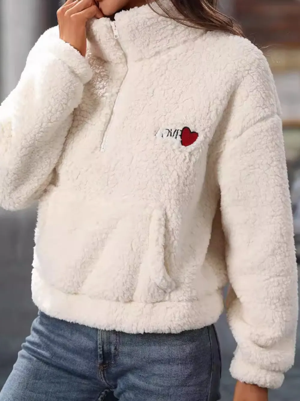 Heart Half Zip Long Sleeve Teddy Sweatshirt, image 5
