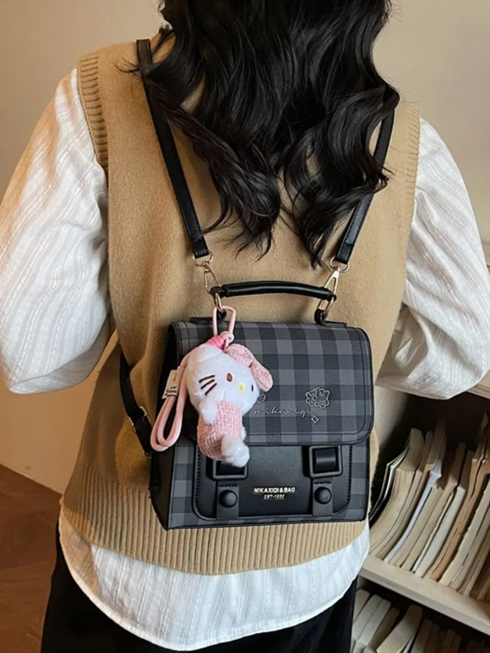 Plaid Pattern Embroidered Flap Backpack Bag, image 4