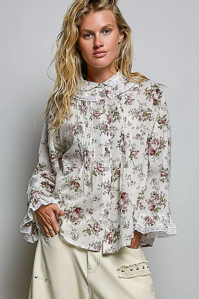 POL Floral Lace Trim Pintuck Button-Down Shirt, image 4