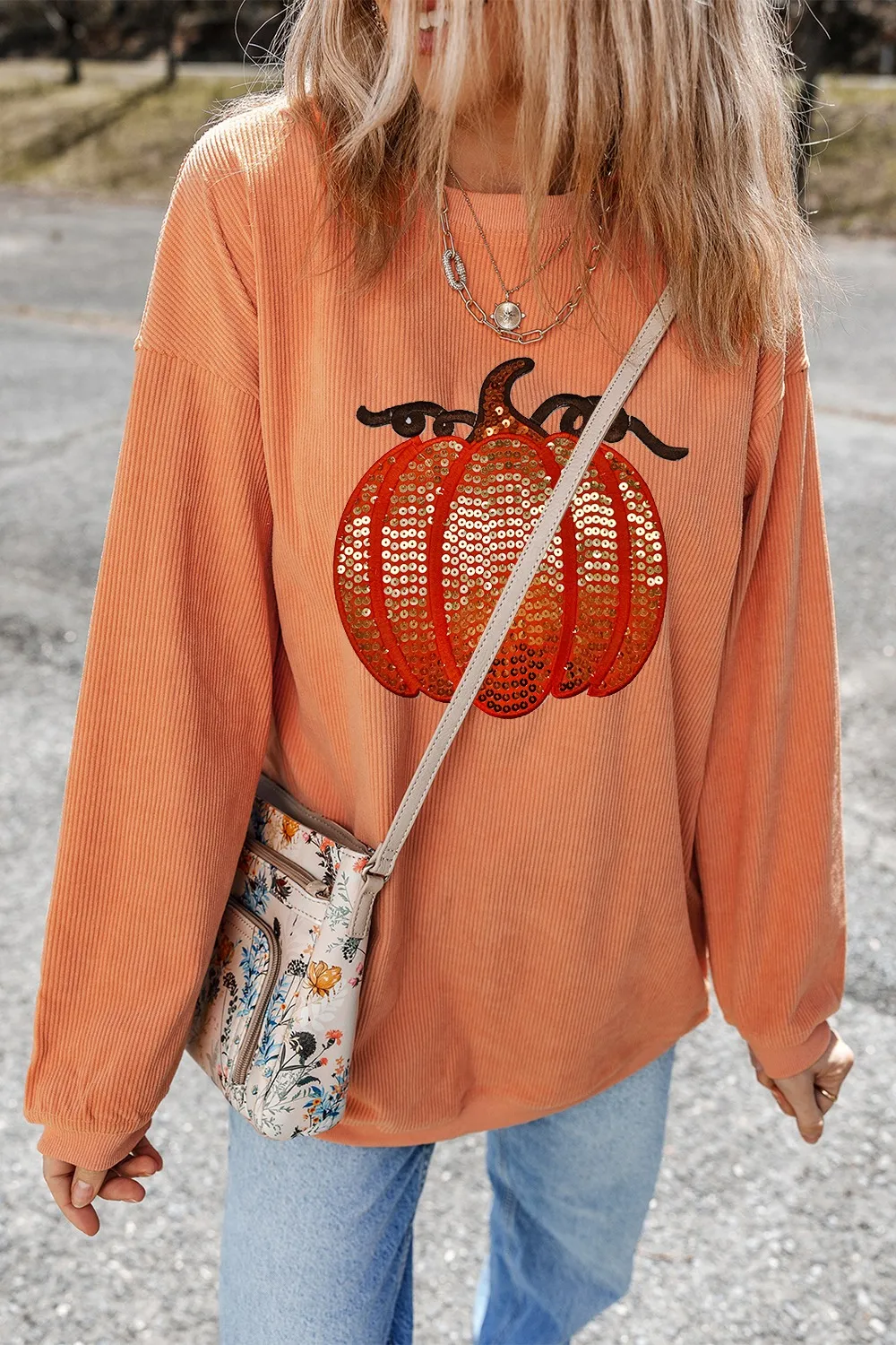 Sequin Pumpkin Round Neck Long Sleeve Sweatshirt, image 7
