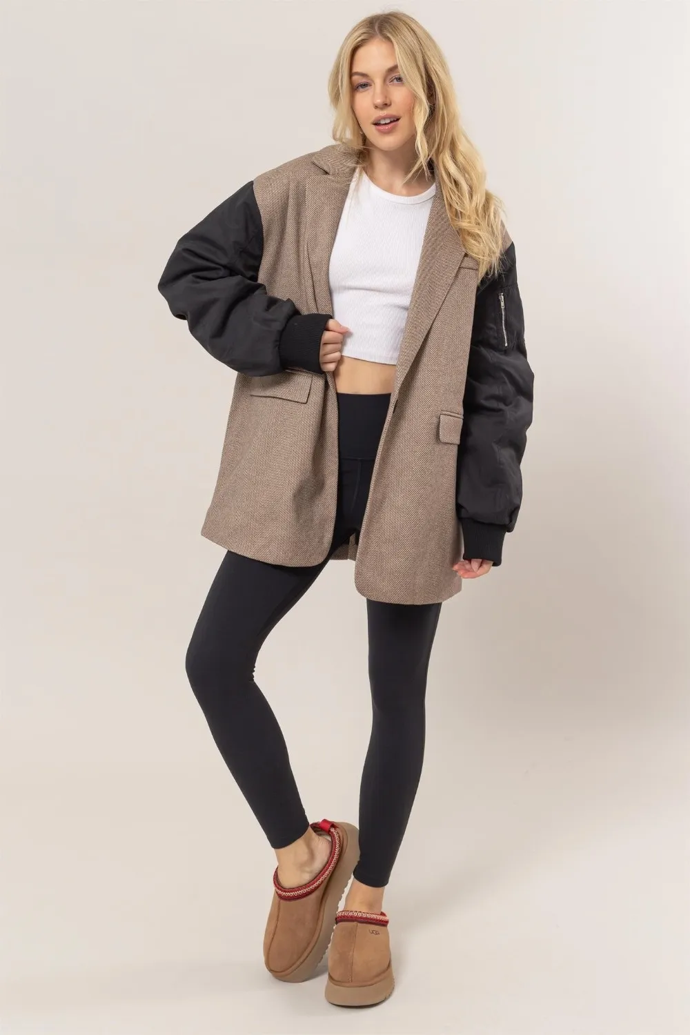 Herringbone Mixed Media Contrast Long Sleeve Blazer, image 4