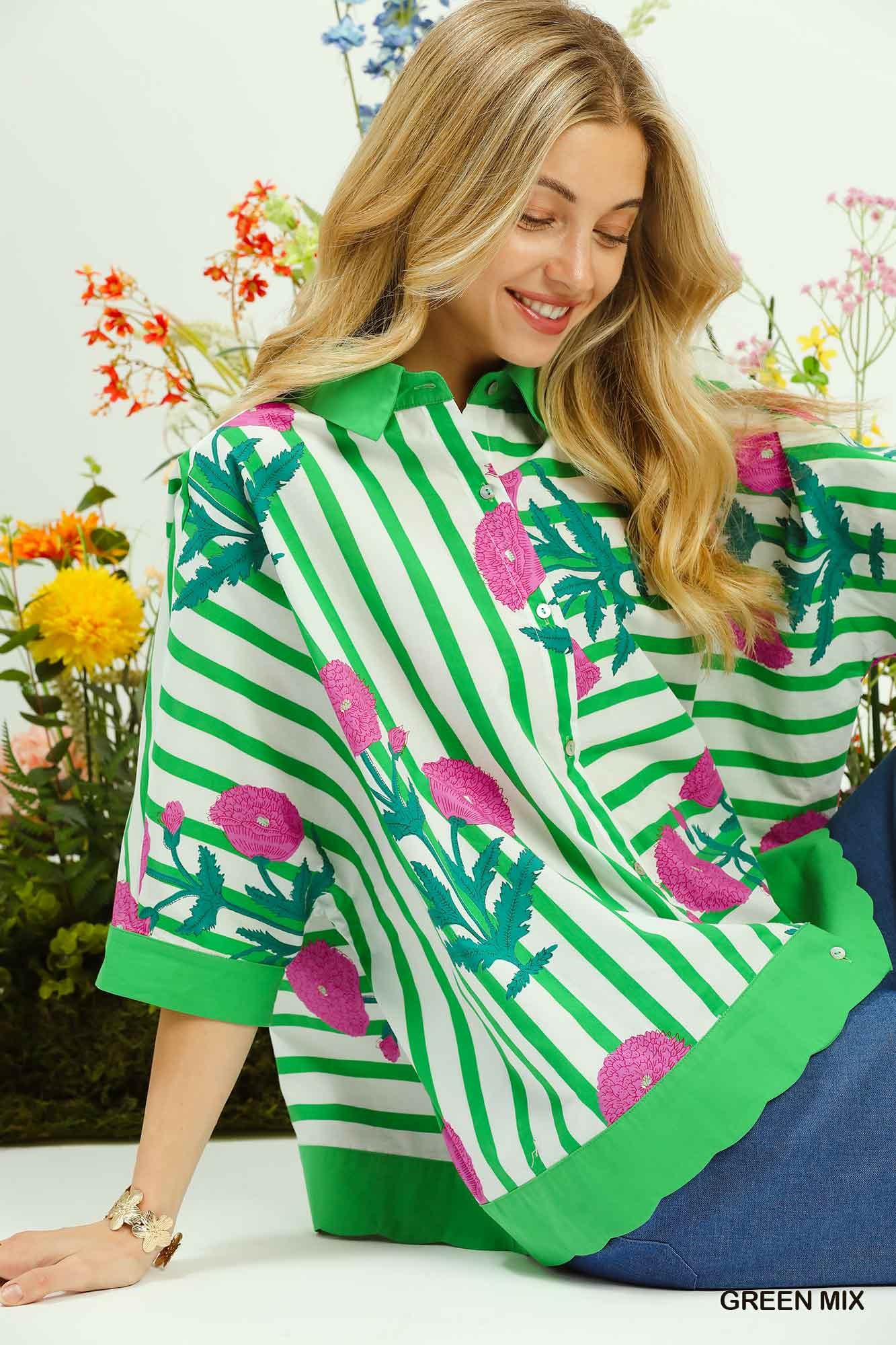 Mix Floral Stripe Button Down Top, image 6