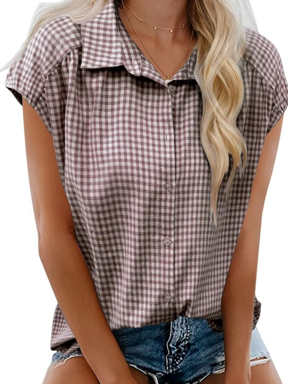 Plaid Button Up Cap Sleeve Shirt, image 10
