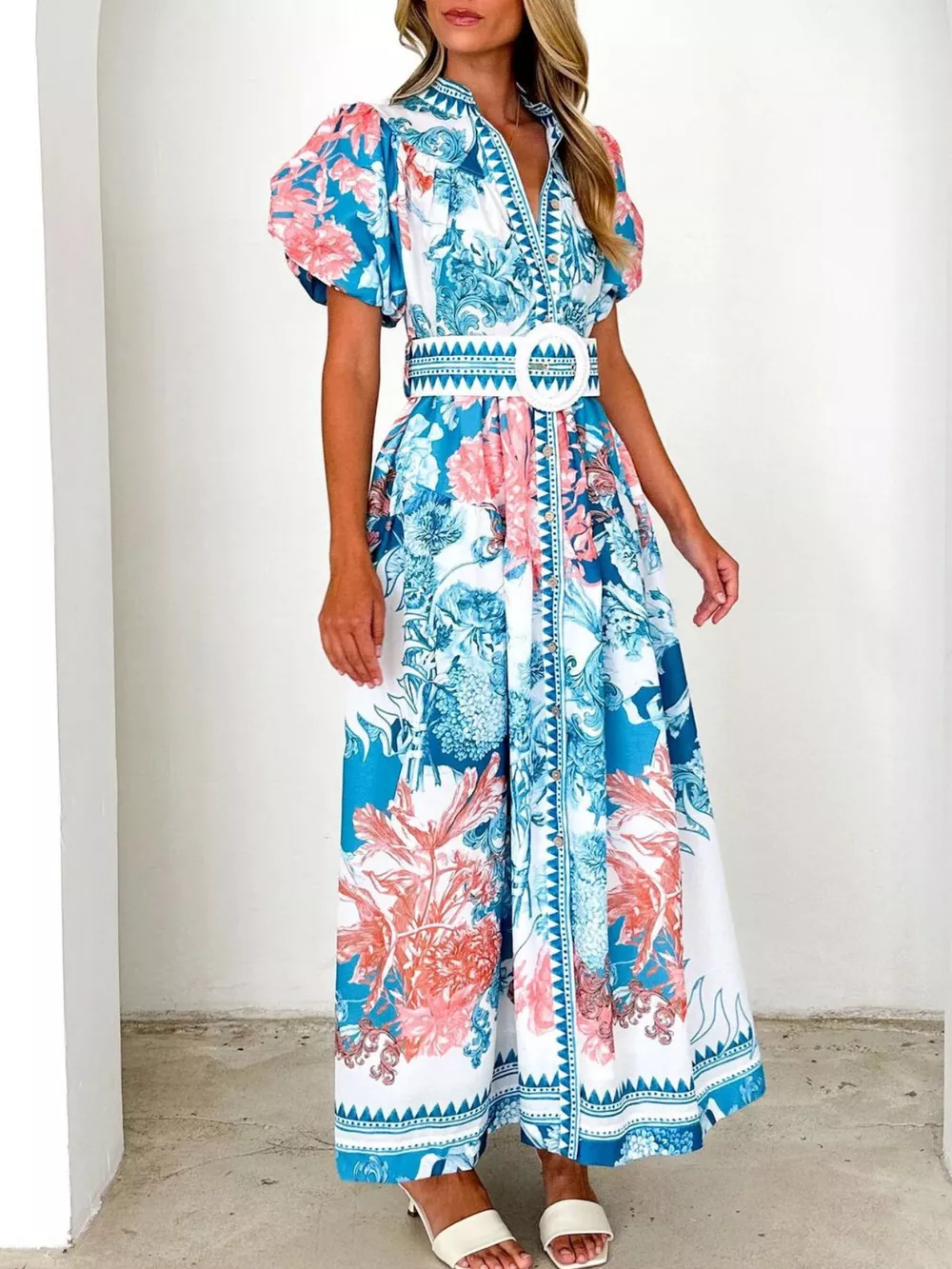 Printed Puff Sleeve Midi Dress, image 4