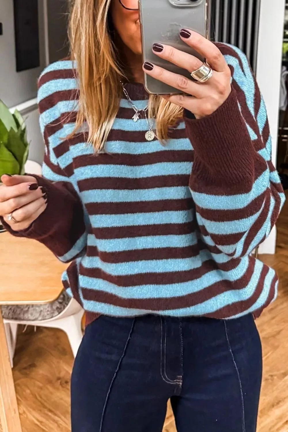 Stripe Color Block Loose Crew Neck Cuffed Sweater, image 3