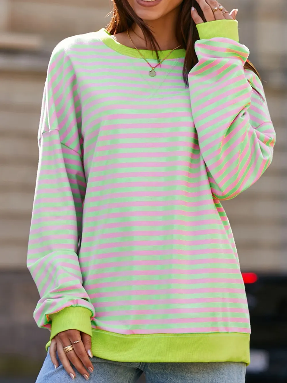 Striped Contrast Ribbed Trim Drop Shoulder Sweatshirt, image 8