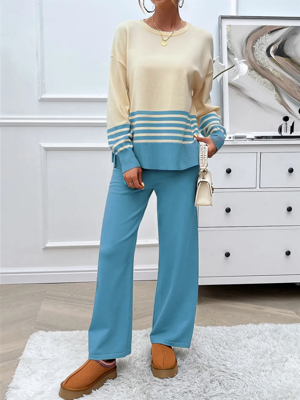 Slit Striped Round Neck Top and Pants Sweater Set, image 15