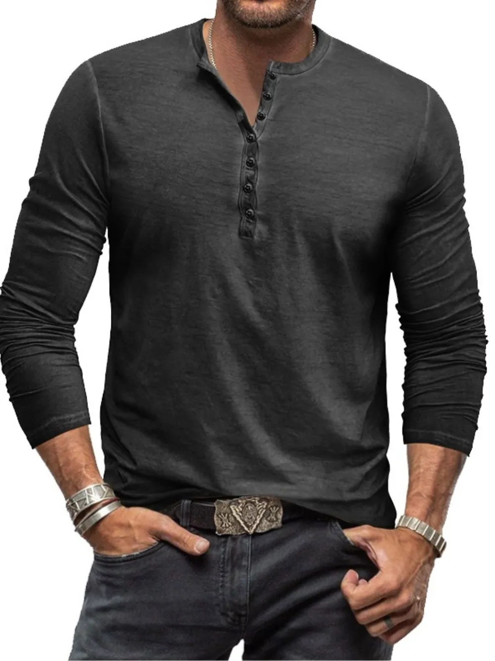 Men's Full Size Button Detail Long Sleeve Top Plus Size, image 3